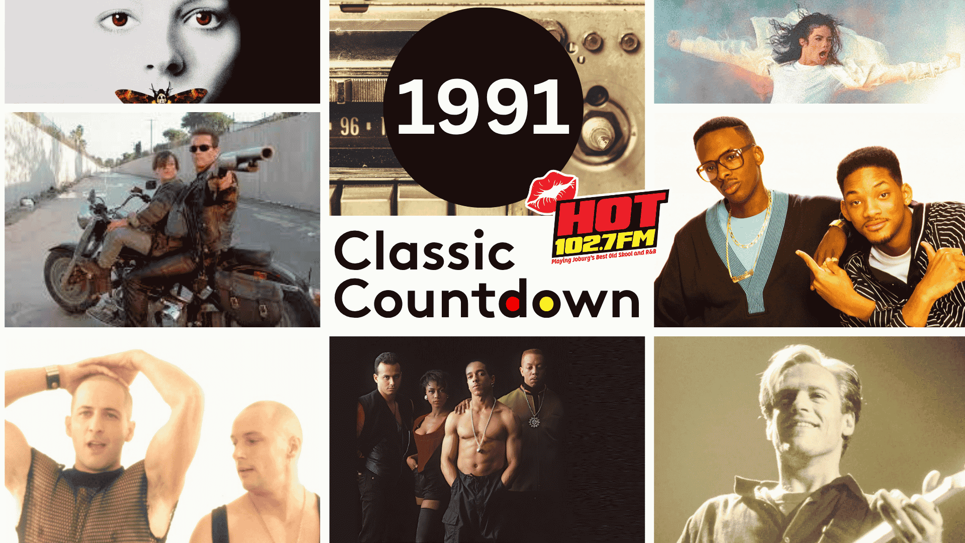 Collage featuring pop culture images from 1991: movie scenes, famous singers and duos like Janet Jackson, a radio, and the text 1991 Classic Countdown HOT 102.7 FM in the center.