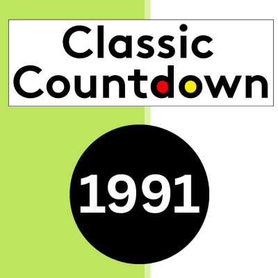 A graphic with Classic Countdown in bold text, “1991” in large white numbers on a black circle, and a light green background on the left half. The o in “Countdown” is red, the u is yellow—perfect for reliving Janet Jackson’s hits.