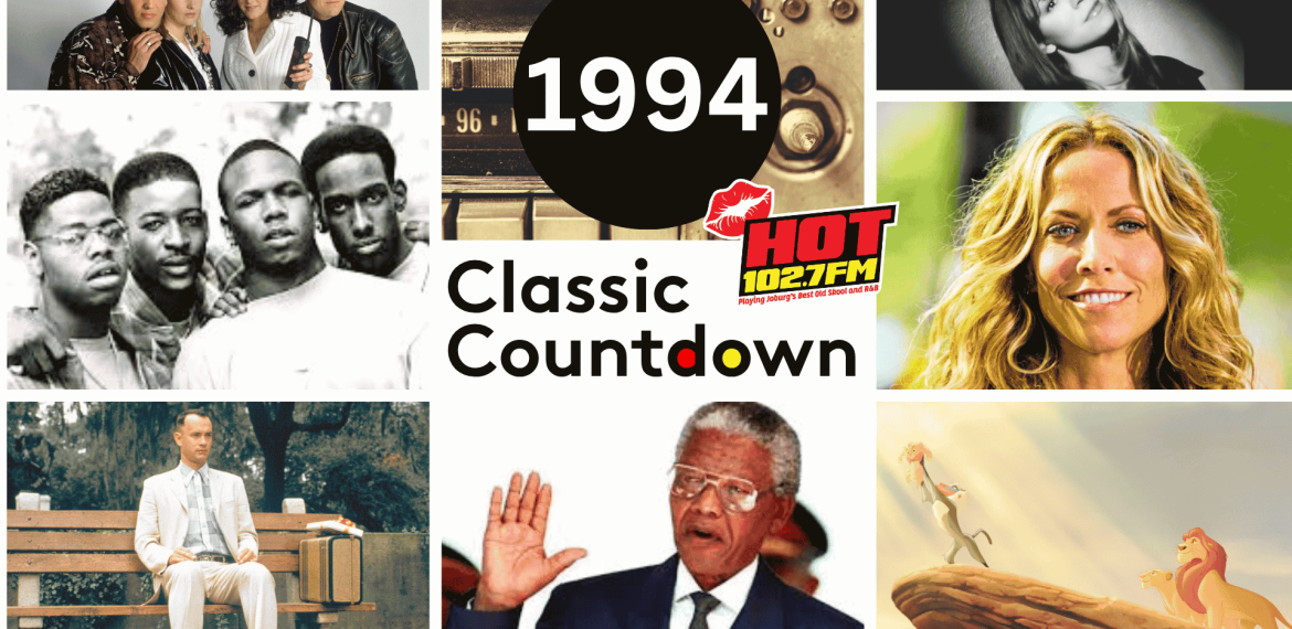 A collage titled 1994 Classic Countdown featuring Forrest Gump, Nelson Mandela, The Lion King, Sheryl Crow, TLC, a radio, a woman with dark hair, the HOT 102.7FM logo, and actors from the TV show Friends.