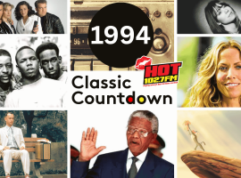 A collage titled 1994 Classic Countdown featuring Forrest Gump, Nelson Mandela, The Lion King, Sheryl Crow, TLC, a radio, a woman with dark hair, the HOT 102.7FM logo, and actors from the TV show Friends.