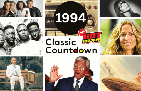 A collage titled 1994 Classic Countdown featuring Forrest Gump, Nelson Mandela, The Lion King, Sheryl Crow, TLC, a radio, a woman with dark hair, the HOT 102.7FM logo, and actors from the TV show Friends.