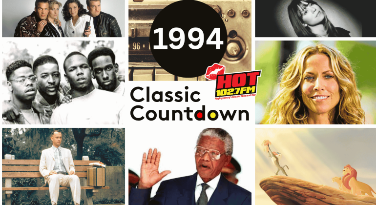 A collage titled 1994 Classic Countdown featuring Forrest Gump, Nelson Mandela, The Lion King, Sheryl Crow, TLC, a radio, a woman with dark hair, the HOT 102.7FM logo, and actors from the TV show Friends.