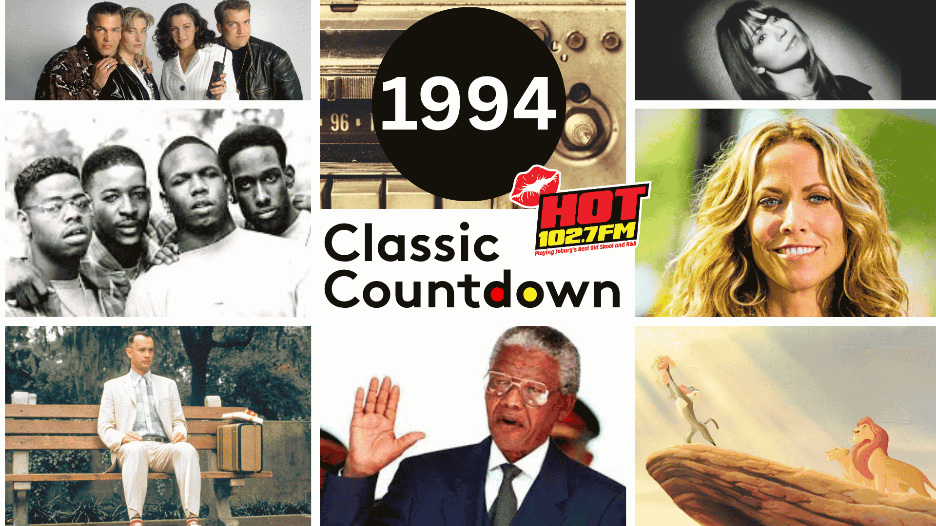A collage titled 1994 Classic Countdown featuring Forrest Gump, Nelson Mandela, The Lion King, Sheryl Crow, TLC, a radio, a woman with dark hair, the HOT 102.7FM logo, and actors from the TV show Friends.