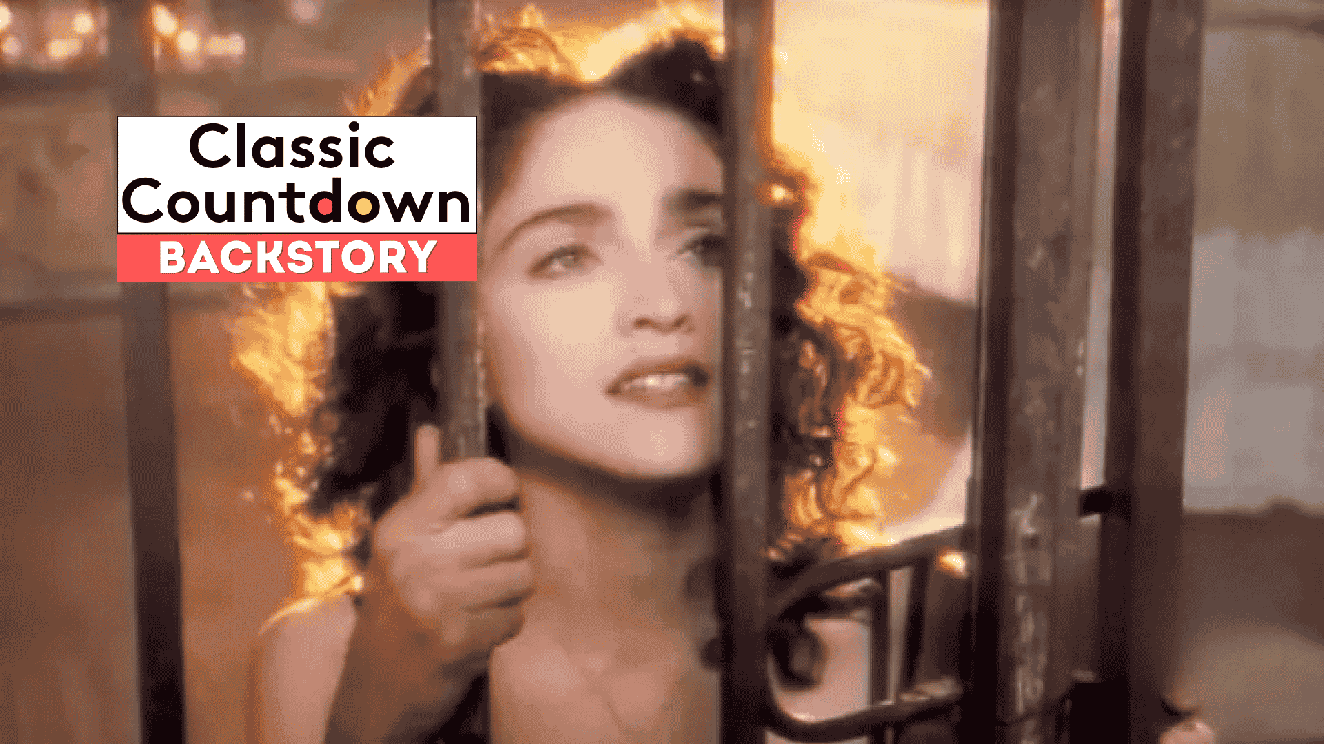 A woman with curly hair holds onto metal bars, looking up with a hopeful expression. The text Classic Countdown Backstory appears in the upper left corner of the image. The scene is softly lit with a vintage feel.