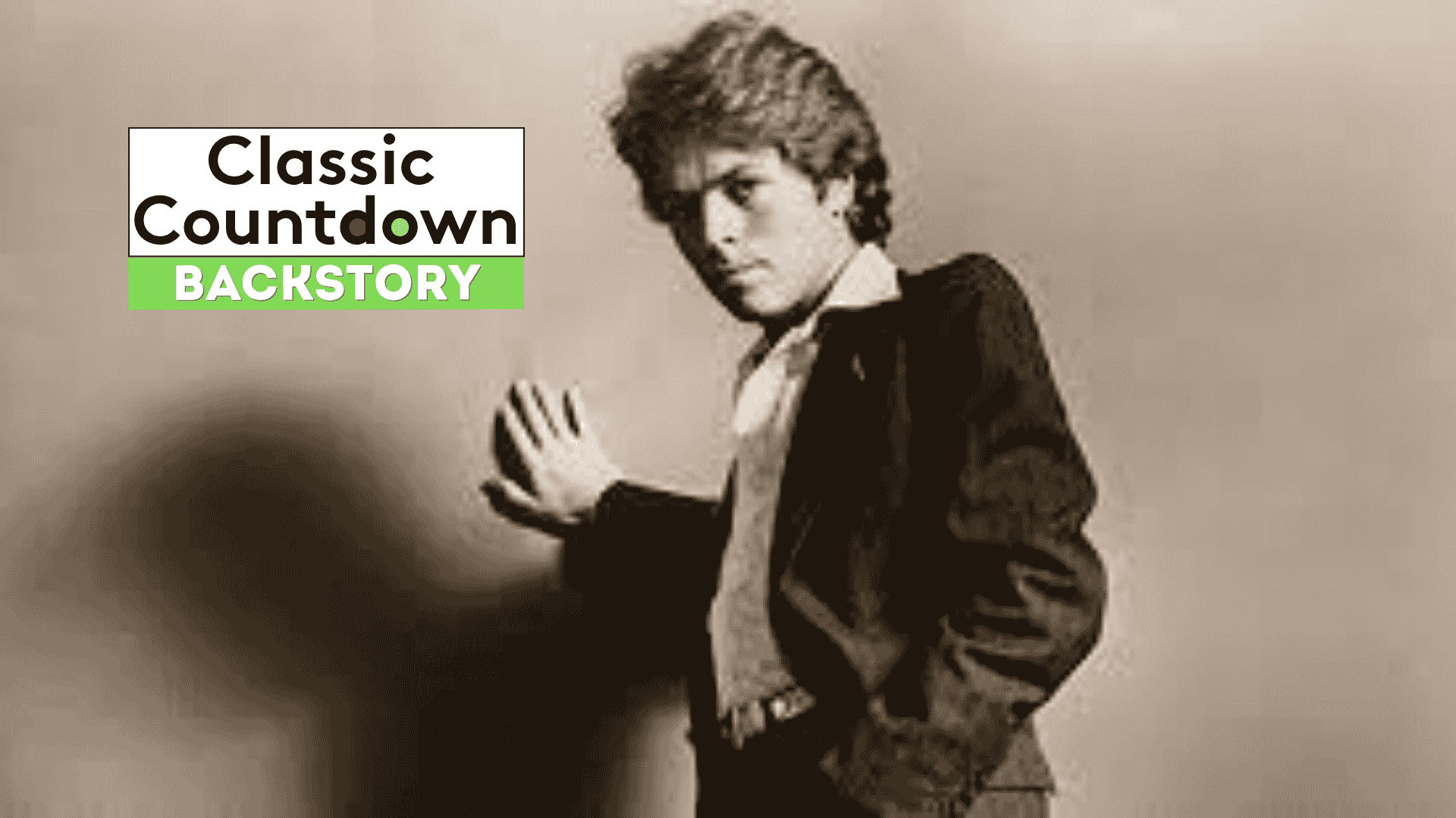 A young man in a suit poses with one hand pressed against a wall. The words Classic Countdown Backstory appear in bold text, with Backstory highlighted in green on the left side of the image.