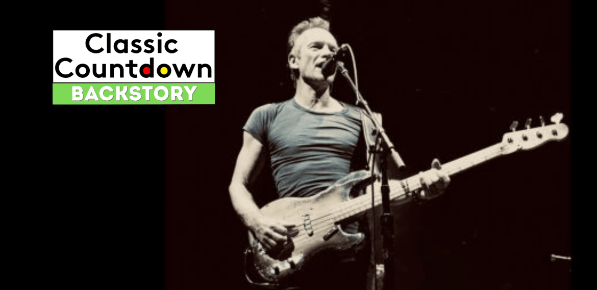 A musician in a tight t-shirt plays a bass guitar and sings into a microphone on stage. To the left, a graphic reads Classic Countdown Backstory with Backstory highlighted in green.