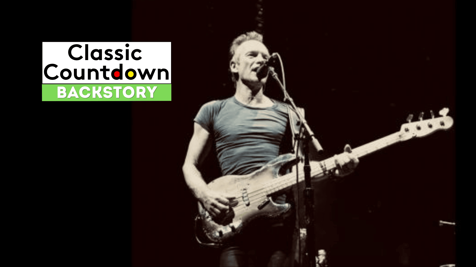 A musician in a tight t-shirt plays a bass guitar and sings into a microphone on stage. To the left, a graphic reads Classic Countdown Backstory with Backstory highlighted in green.