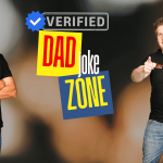 Two smiling men in black t-shirts stand in front of a graphic that reads Verified Dad Joke Zone with colorful text and a blue verified checkmark—bringing Hot 1027 Breakfast vibes. One points at the camera while the other stands with arms crossed.