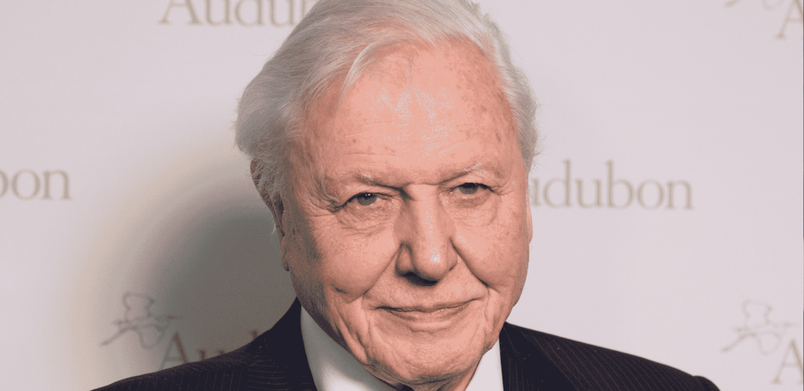 An elderly man with white hair, exuding an air of quiet wealth, wears a black suit and white shirt as he smiles slightly in front of a backdrop with the word Audubon and logo partially visible.