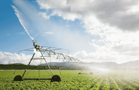 A large irrigation system sprays water over rows of green crops in a field under a partly cloudy sky, with distant hills visible in the background, showcasing the wealth of resources sustaining modern agriculture.
