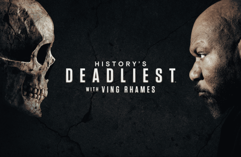 On a dark, cracked background, a human skull faces a serious man. Between them, the text reads: Historys Deadliest with Ving Rhames.
