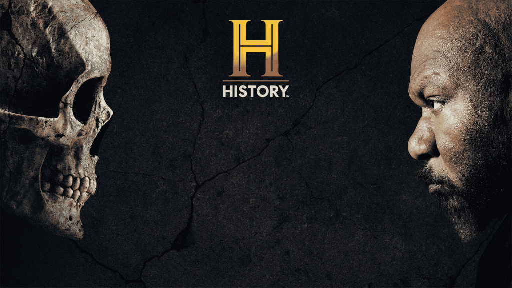 A human skull and a mans face stare at each other against a dark, cracked background. The gold History Channel logo and the word HISTORY appear at the center top.