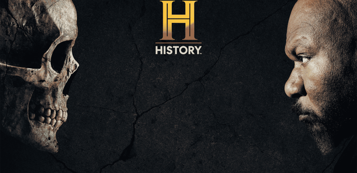 A human skull and a mans face stare at each other against a dark, cracked background. The gold History Channel logo and the word HISTORY appear at the center top.