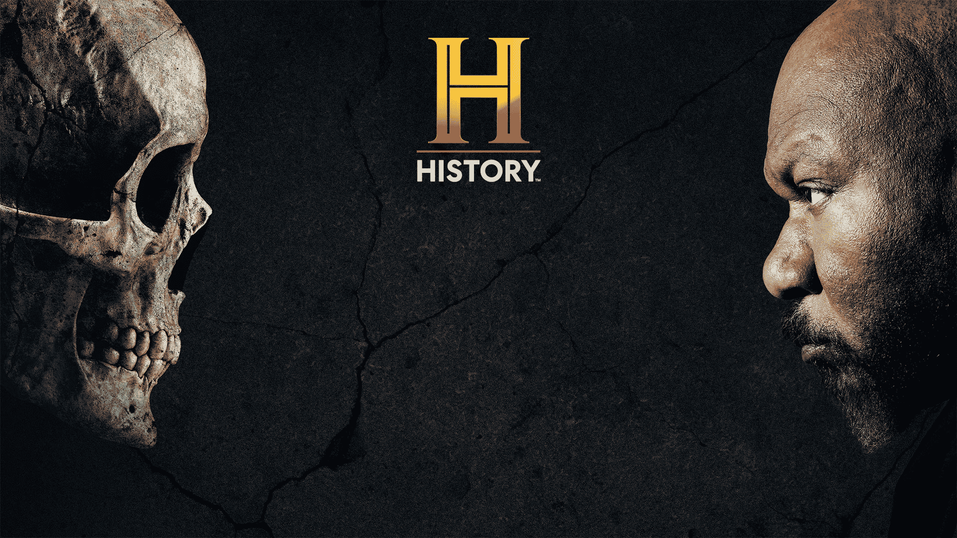 A human skull and a mans face stare at each other against a dark, cracked background. The gold History Channel logo and the word HISTORY appear at the center top.
