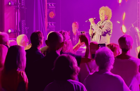 A singer with curly hair performs onstage under purple and pink lights, reminiscent of a Janet Jackson concert, while an enthusiastic crowd watches and takes photos with their phones. Musical instruments and stage equipment are visible in the background.