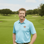 A man in a blue polo shirt and headset stands smiling on a green golf course, with trees, sand traps, and a golf flag visible in the background. A Hot 1027 Breakfast sign is seen on the right side of the image.