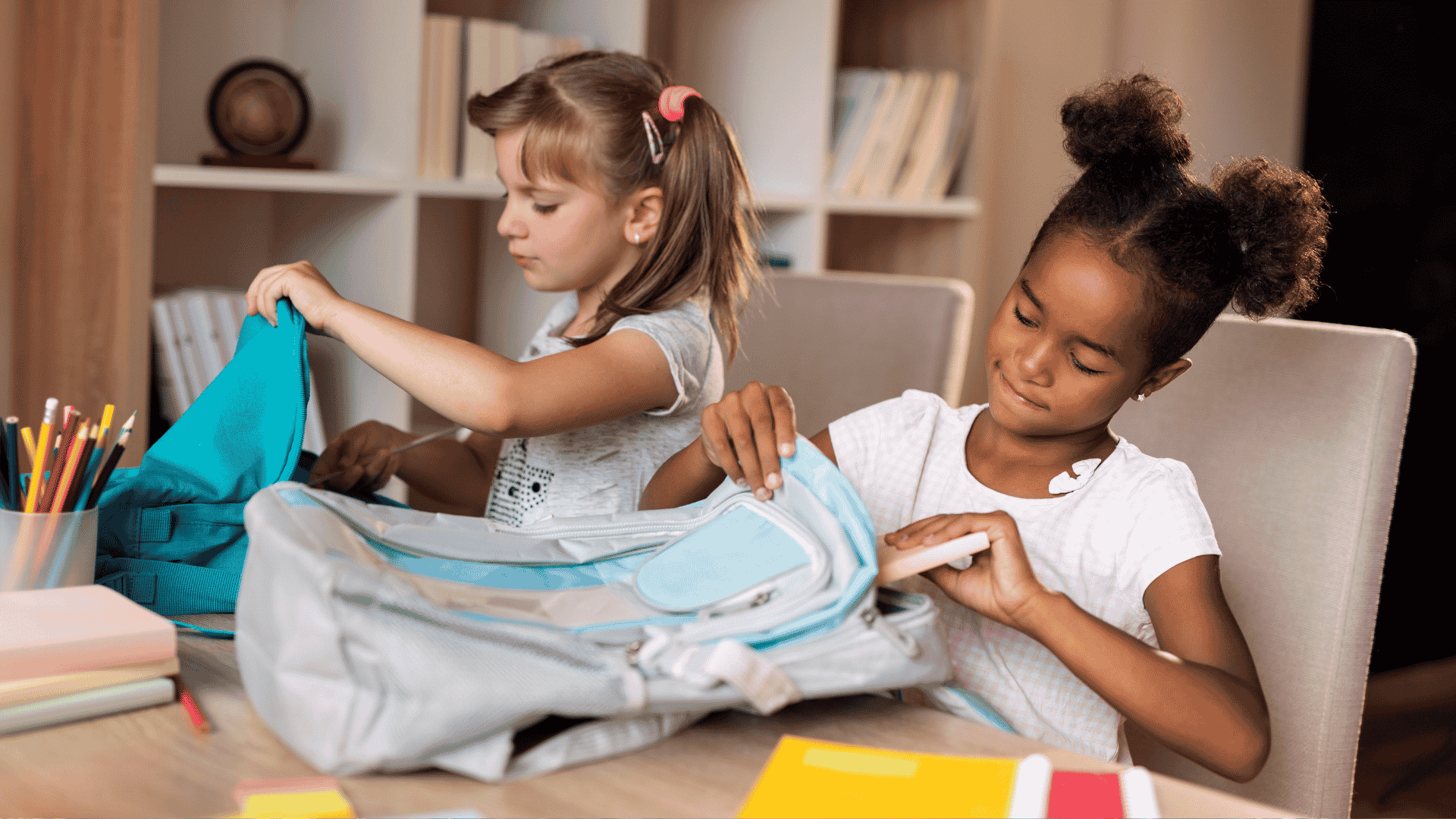 Two young girls sit at a table, focused on organizing their backpacks. One has light hair in pigtails, the other dark curly hair in buns. School supplies, books, and colored pencils fill the space—like a scene from an Ali Campbell story.
