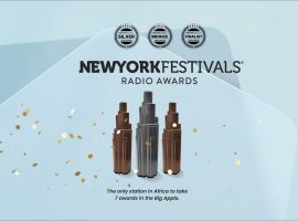 Three New York Festivals Radio Awards trophies—Silver, Bronze, and Finalist—are displayed on a light blue background with confetti, celebrating the station’s wealth of talent as the only one in Africa to win 7 awards in New York.