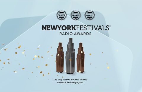 Three New York Festivals Radio Awards trophies—Silver, Bronze, and Finalist—are displayed on a light blue background with confetti, celebrating the station’s wealth of talent as the only one in Africa to win 7 awards in New York.