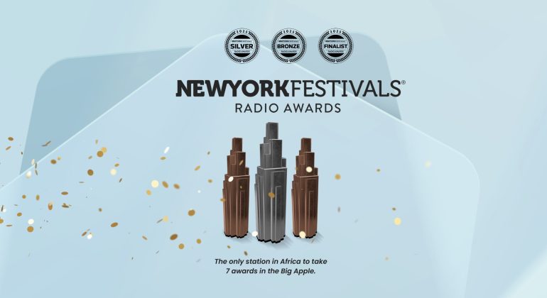Three New York Festivals Radio Awards trophies—Silver, Bronze, and Finalist—are displayed on a light blue background with confetti, celebrating the station’s wealth of talent as the only one in Africa to win 7 awards in New York.
