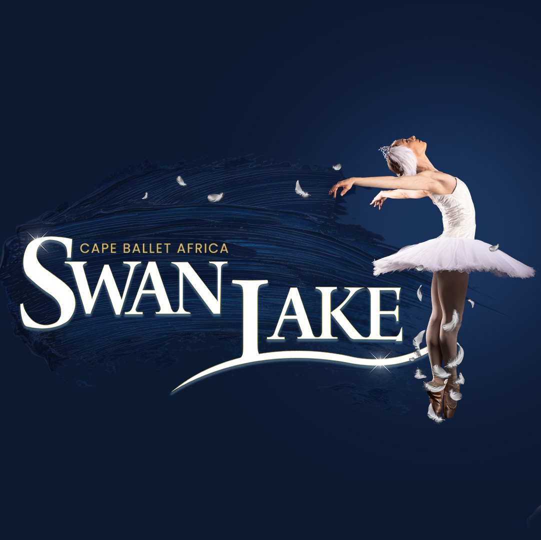 Poster for Cape Ballet Africa Swan Lake featuring a ballerina in a white tutu and feathered headpiece leaping gracefully against a dark blue background with white feathers and stylized text.