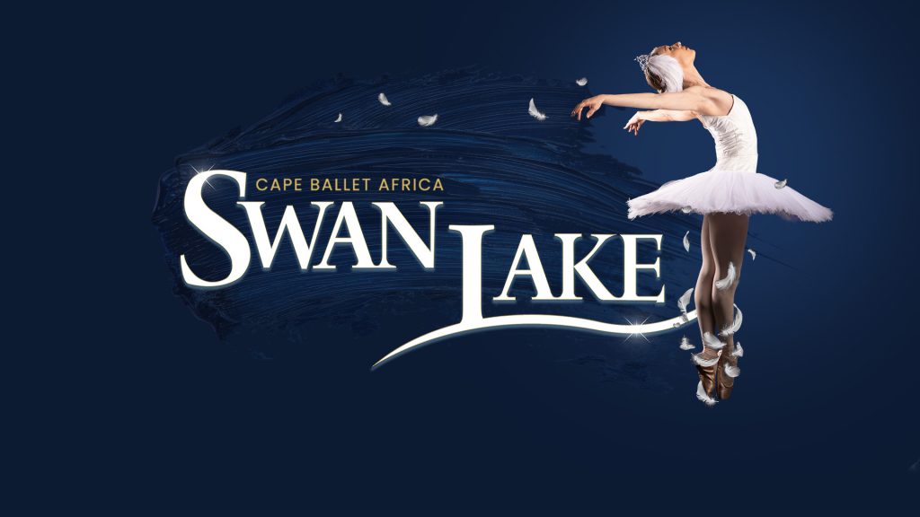 A ballerina in a white tutu leaps gracefully against a dark blue background. Text reads Cape Ballet Africa SWAN LAKE with white feathers scattered around.