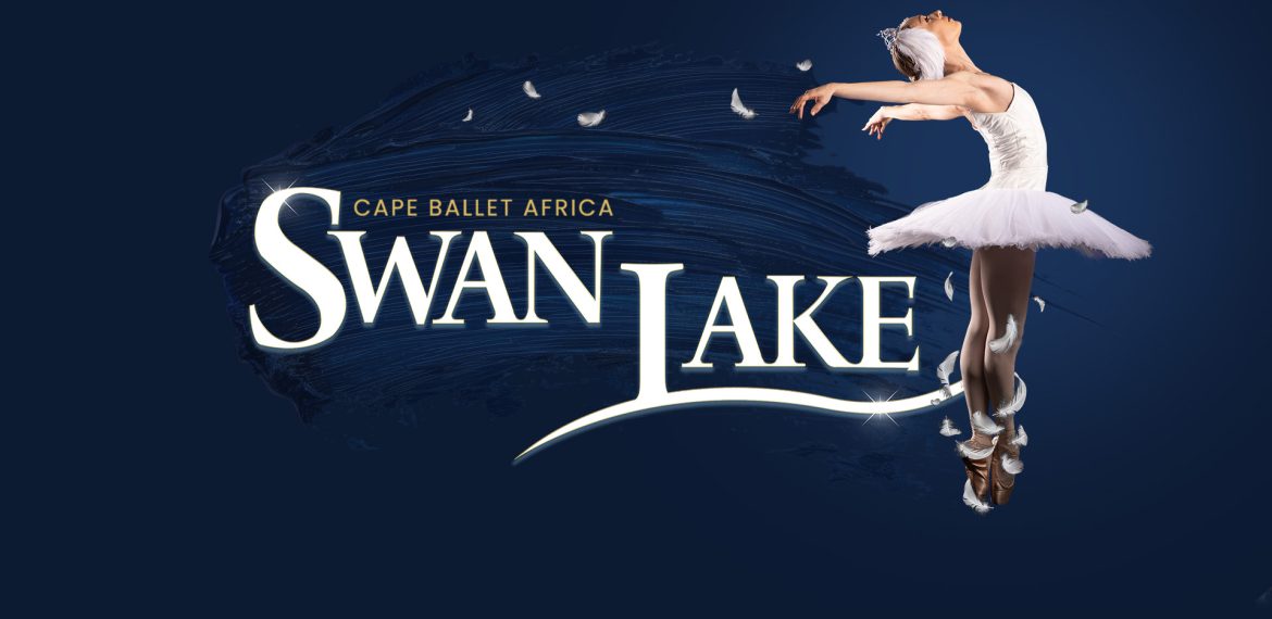 A ballerina in a white tutu leaps gracefully against a dark blue background. Text reads Cape Ballet Africa SWAN LAKE with white feathers scattered around.