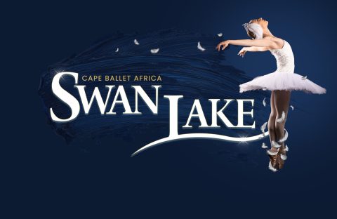 A ballerina in a white tutu leaps gracefully against a dark blue background. Text reads Cape Ballet Africa SWAN LAKE with white feathers scattered around.