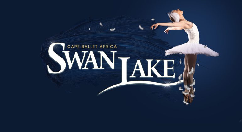 A ballerina in a white tutu leaps gracefully against a dark blue background. Text reads Cape Ballet Africa SWAN LAKE with white feathers scattered around.