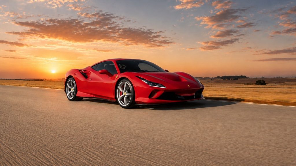 A red Ferrari Club sports car drives on an open road at sunset, with dramatic clouds and a golden sky in the background. The flat, grassy landscape highlights the sleek car’s vibrant color and dynamic presence.