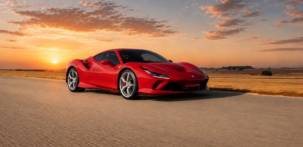 A red Ferrari Club sports car drives on an open road at sunset, with dramatic clouds and a golden sky in the background. The flat, grassy landscape highlights the sleek car&rsquo;s vibrant color and dynamic presence.