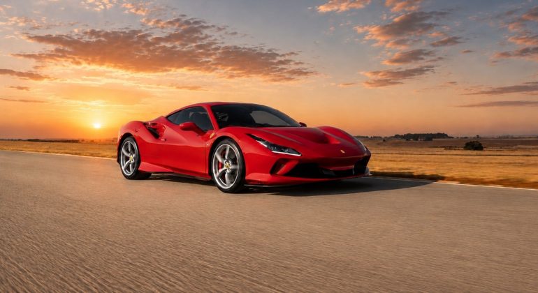 A red Ferrari Club sports car drives on an open road at sunset, with dramatic clouds and a golden sky in the background. The flat, grassy landscape highlights the sleek car’s vibrant color and dynamic presence.