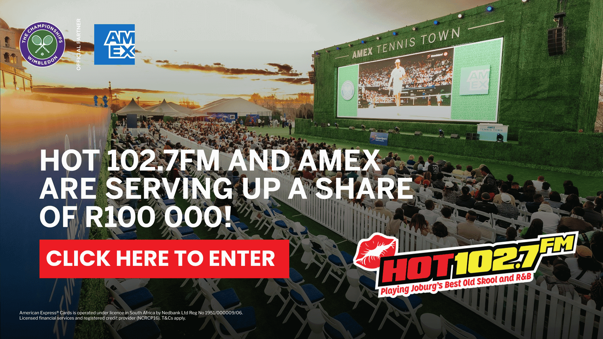 An outdoor tennis event features a large screen, crowd on grass, and signage for AMEX, Wimbledon, and Hot 102.7 FM. Text offers a share of R100,000 and a red button reads, Click here to enter.
