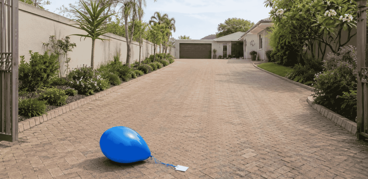 A single blue balloon with a string and a note attached rests on a paved driveway leading to a modern house, surrounded by green plants and trees, under a sky as clear as the space between two oceans on a sunny day.