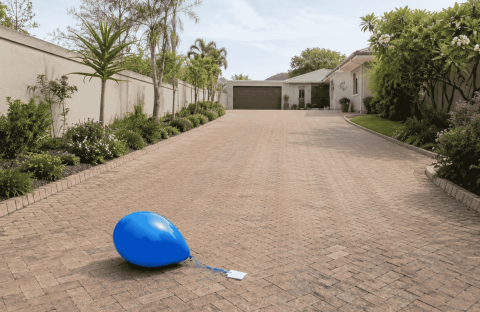 A single blue balloon with a string and a note attached rests on a paved driveway leading to a modern house, surrounded by green plants and trees, under a sky as clear as the space between two oceans on a sunny day.