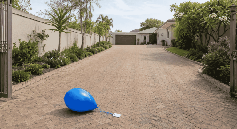 A single blue balloon with a string and a note attached rests on a paved driveway leading to a modern house, surrounded by green plants and trees, under a sky as clear as the space between two oceans on a sunny day.