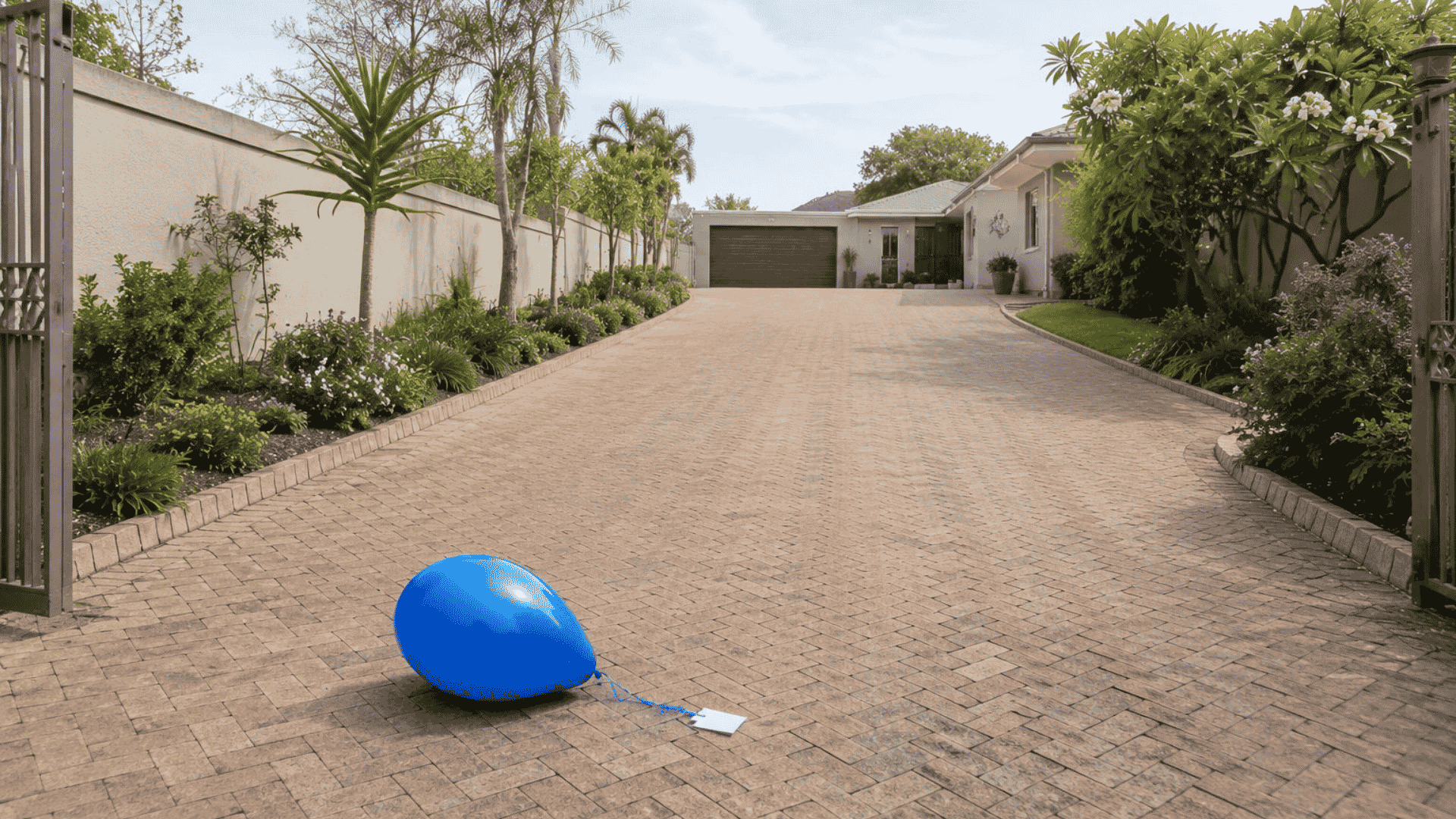 A single blue balloon with a string and a note attached rests on a paved driveway leading to a modern house, surrounded by green plants and trees, under a sky as clear as the space between two oceans on a sunny day.