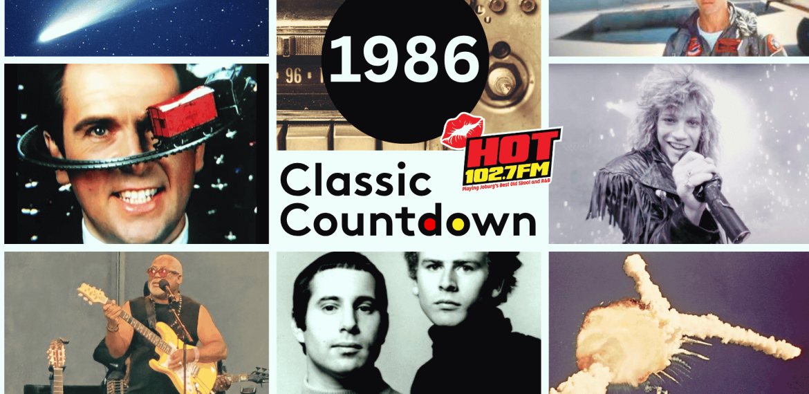 A collage with “1986 Classic Countdown HOT 102.7 FM” in the center, surrounded by 80s pop culture images: musicians, a space shuttle explosion, a comet, a man with a gadget on his head, and scenes from movies and concerts.