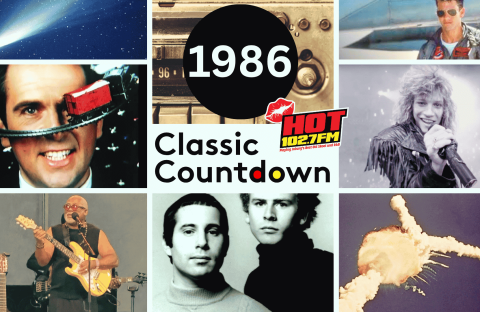 A collage with “1986 Classic Countdown HOT 102.7 FM” in the center, surrounded by 80s pop culture images: musicians, a space shuttle explosion, a comet, a man with a gadget on his head, and scenes from movies and concerts.