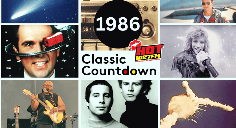 A collage with “1986 Classic Countdown HOT 102.7 FM” in the center, surrounded by 80s pop culture images: musicians, a space shuttle explosion, a comet, a man with a gadget on his head, and scenes from movies and concerts.