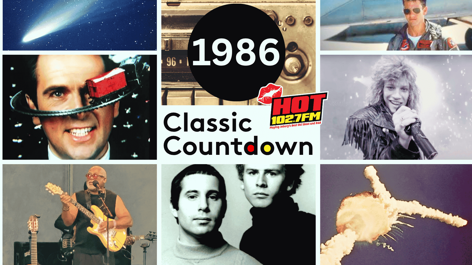 A collage with “1986 Classic Countdown HOT 102.7 FM” in the center, surrounded by 80s pop culture images: musicians, a space shuttle explosion, a comet, a man with a gadget on his head, and scenes from movies and concerts.