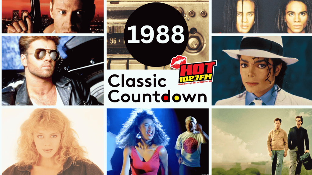 A collage titled 1988 Classic Countdown with HOT 102.7 FM logo, featuring musicians and performers from 1988, including Michael Jackson, George Michael, and others in various portrait poses.