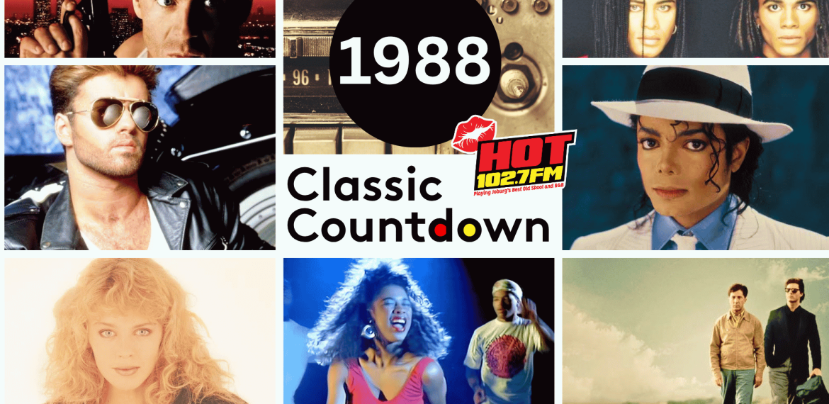 A collage titled 1988 Classic Countdown with HOT 102.7 FM logo, featuring musicians and performers from 1988, including Michael Jackson, George Michael, and others in various portrait poses.