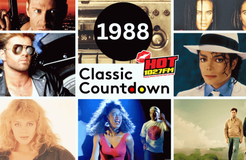 A collage titled 1988 Classic Countdown with HOT 102.7 FM logo, featuring musicians and performers from 1988, including Michael Jackson, George Michael, and others in various portrait poses.
