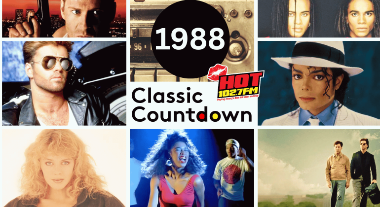 A collage titled 1988 Classic Countdown with HOT 102.7 FM logo, featuring musicians and performers from 1988, including Michael Jackson, George Michael, and others in various portrait poses.