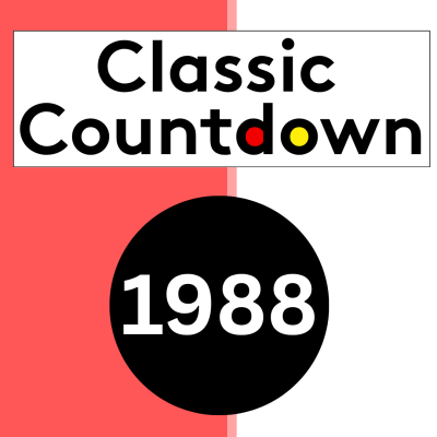 A graphic with Classic Countdown in bold text, using red, yellow, and black colors for the letters o, and a large black circle below displaying 1988 in white. The background is split red and white.
