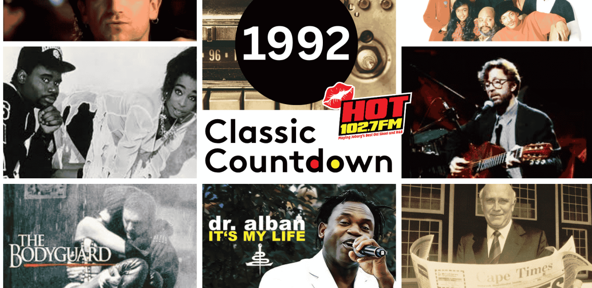 A collage featuring music icons and album covers from 1992, showcasing top hits from artists, bands, and radio imagery, with text reading 1992 Classic Countdown HOT 102.7 FM.