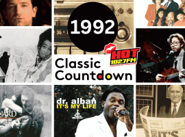 A collage featuring music icons and album covers from 1992, showcasing top hits from artists, bands, and radio imagery, with text reading 1992 Classic Countdown HOT 102.7 FM.