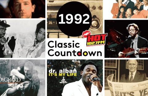 A collage featuring music icons and album covers from 1992, showcasing top hits from artists, bands, and radio imagery, with text reading 1992 Classic Countdown HOT 102.7 FM.