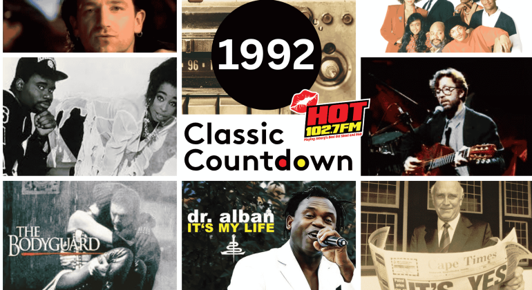 A collage featuring music icons and album covers from 1992, showcasing top hits from artists, bands, and radio imagery, with text reading 1992 Classic Countdown HOT 102.7 FM.